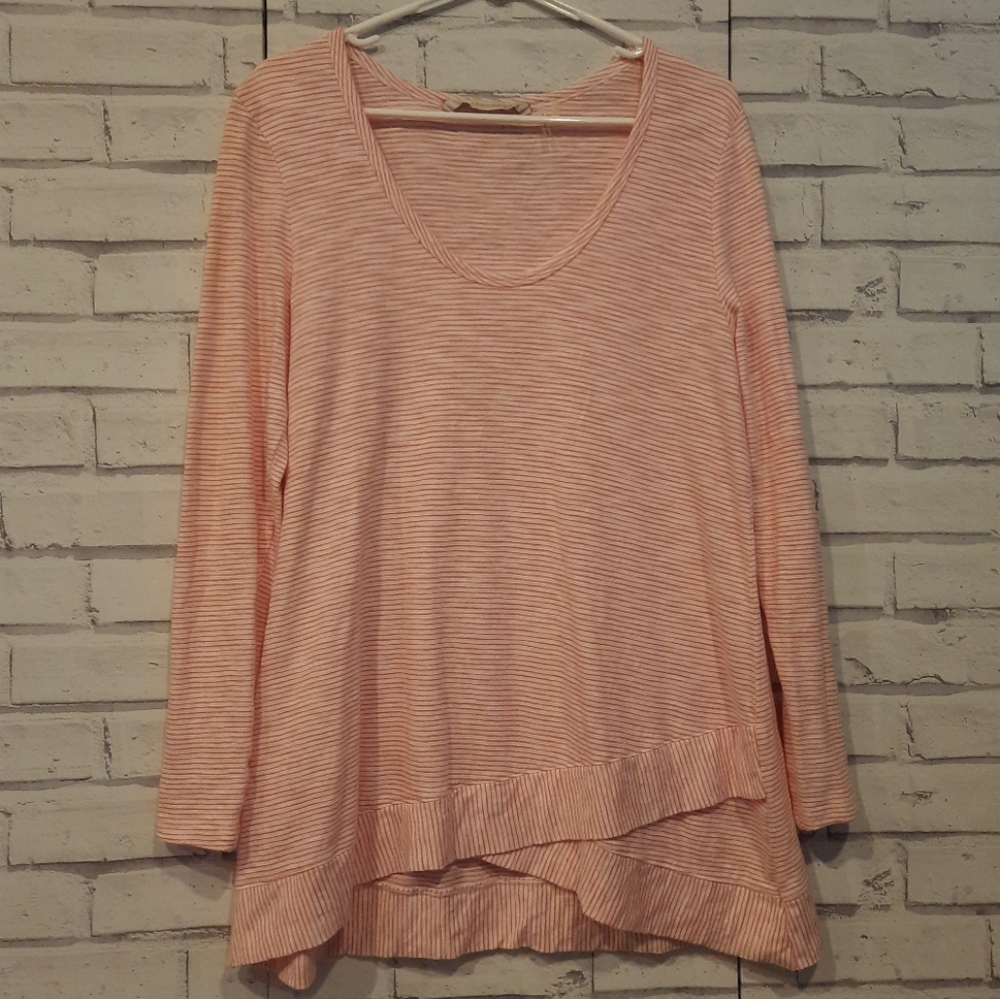 Soft Surroundings Women's Size M Tunic Top White Pink Stripe Long Sleeve